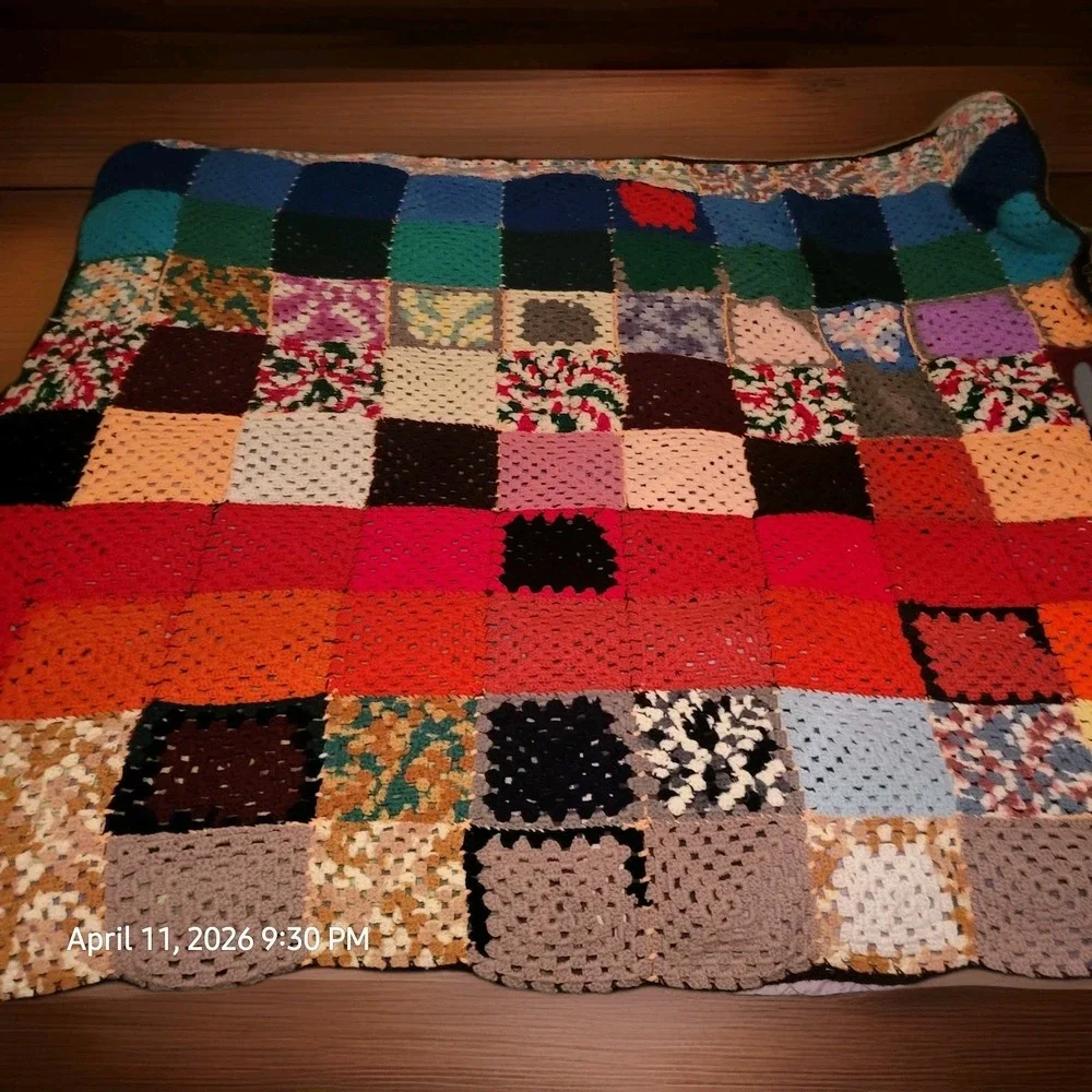 Granny Square Vintage Afghan Hand Crochet Multi-Color Blanket 72